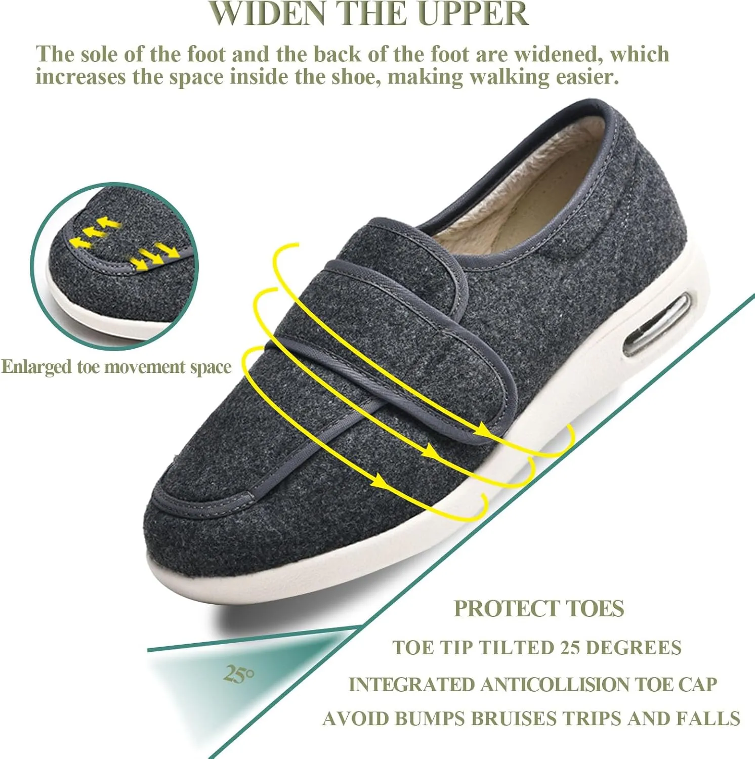Mens Diabetic Walking Shoes Adjustable, Mens Warm Plush Shoes Comfortable Breathable Extra Wide Slippers Elderly Edema Shoes for Swollen Feet Orthopedic