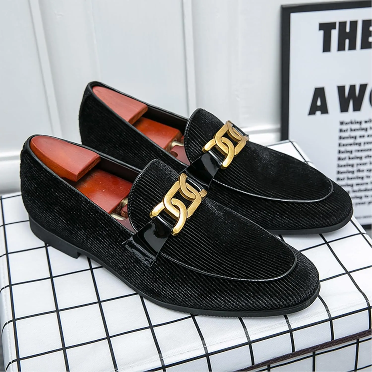 Mens Dress Shoes Velvet Loafers Double Monk Strap Vintage Fashion Slip-on Suede Loafers Non Slip Business Work Office Dress Shoes