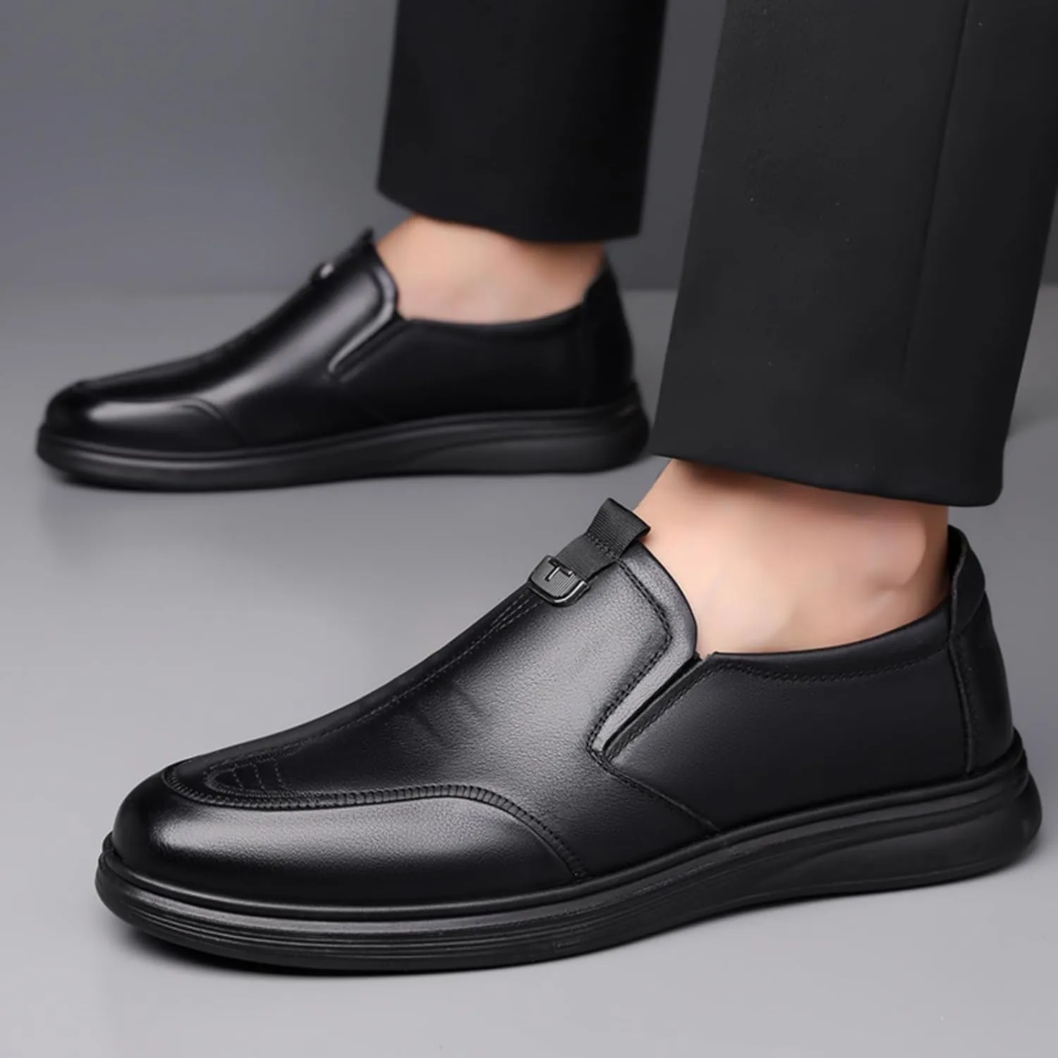 Men's Genuine Leather Slip On Dress Loafers Casual Round Toe Non Slip Flats Formal Shoes for Business Walking Party Wedding