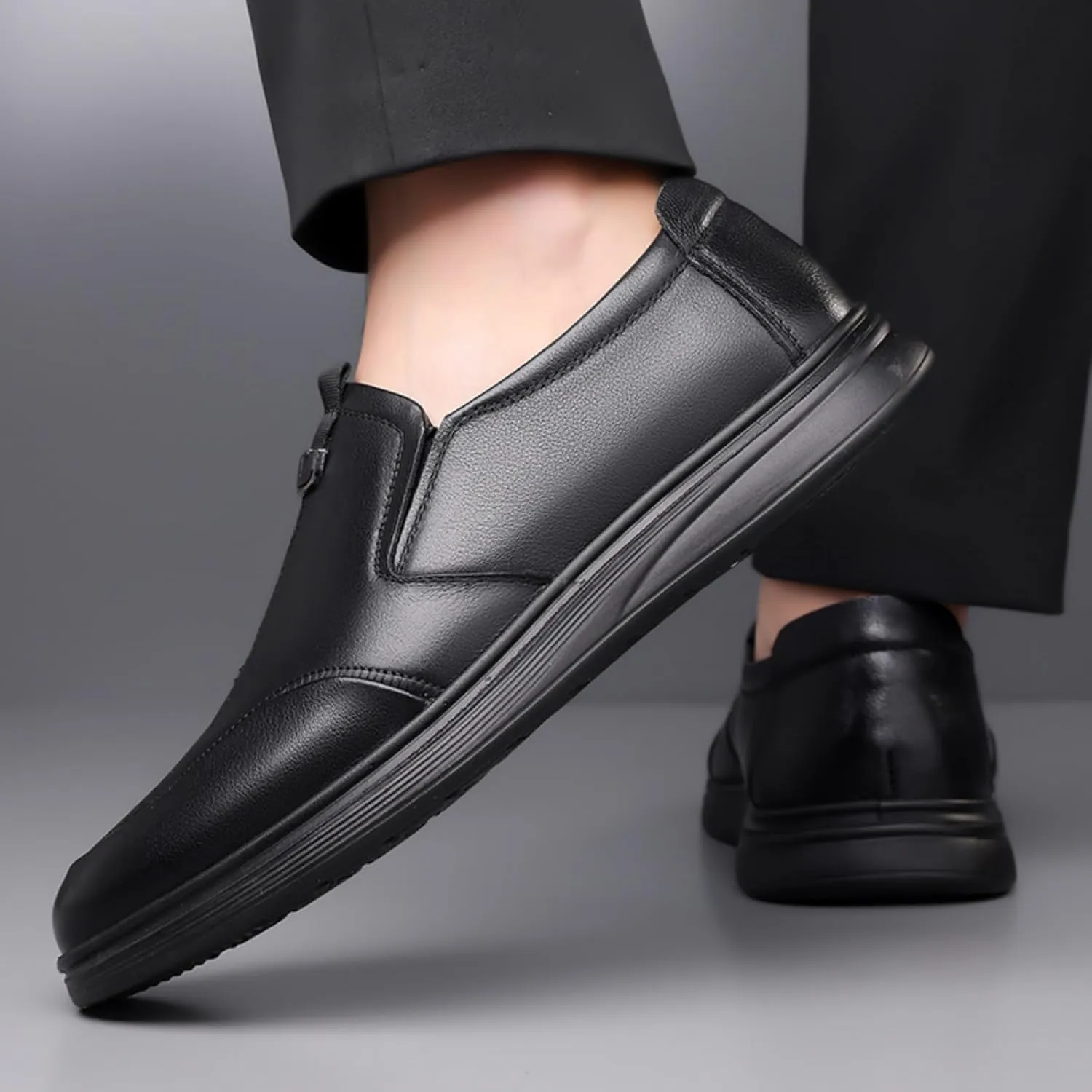 Men's Genuine Leather Slip On Dress Loafers Casual Round Toe Non Slip Flats Formal Shoes for Business Walking Party Wedding