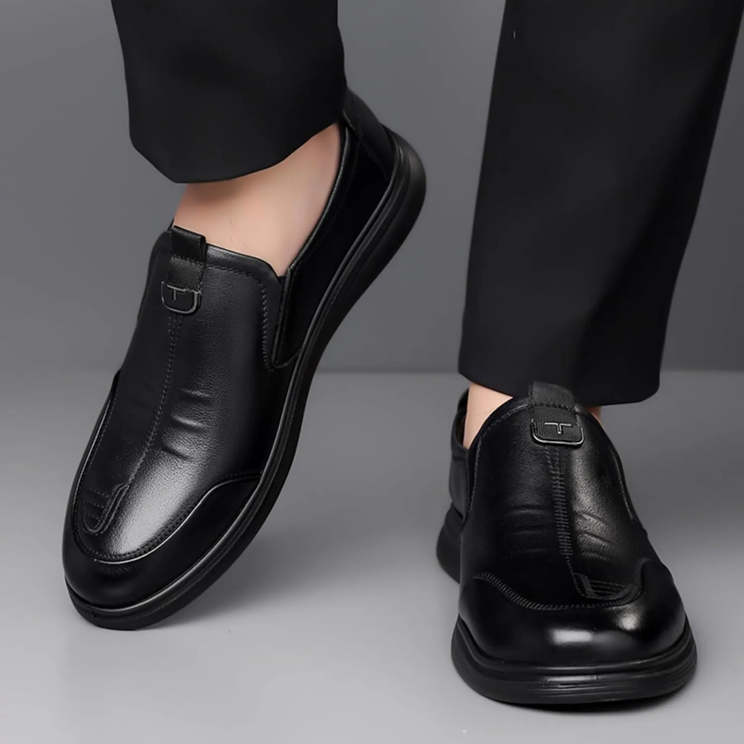 Men's Genuine Leather Slip On Dress Loafers Casual Round Toe Non Slip Flats Formal Shoes for Business Walking Party Wedding