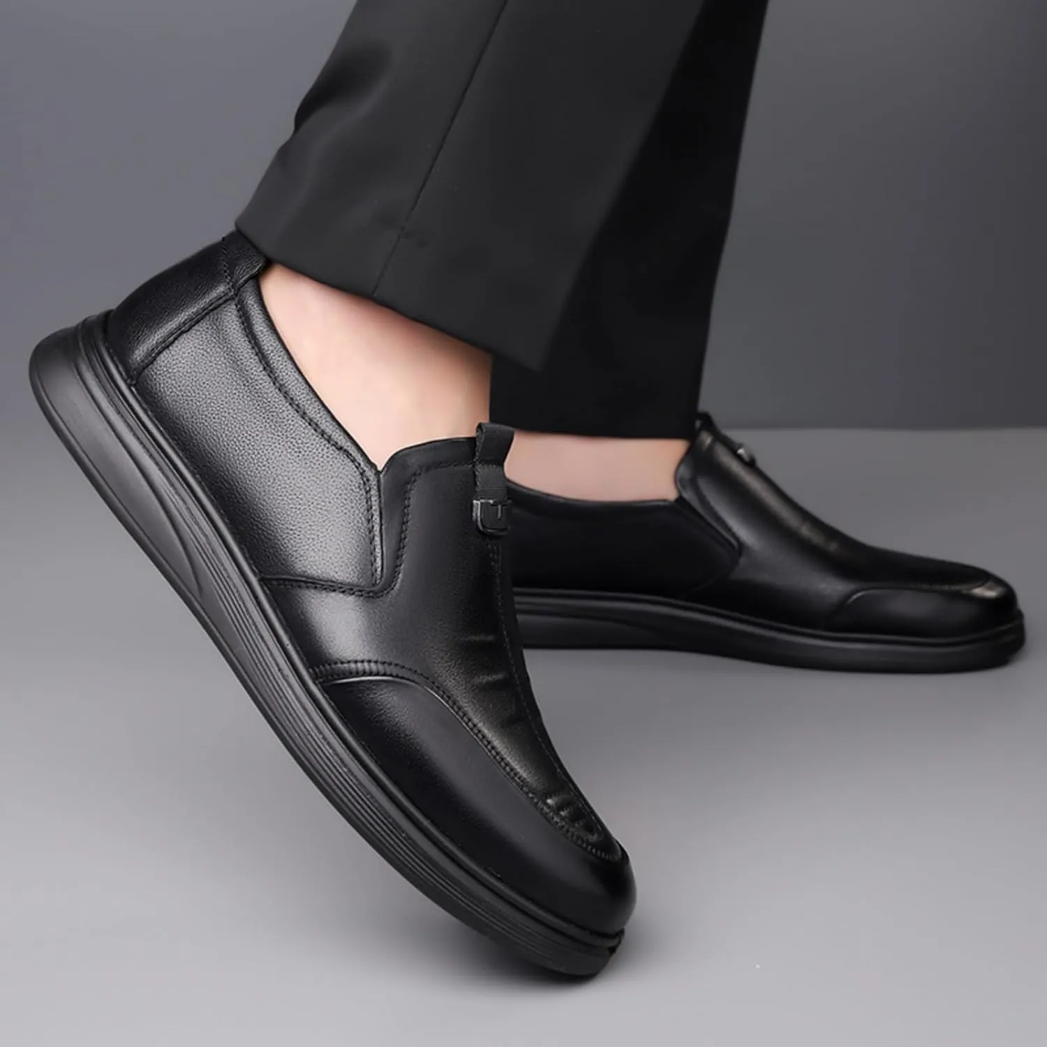 Men's Genuine Leather Slip On Dress Loafers Casual Round Toe Non Slip Flats Formal Shoes for Business Walking Party Wedding