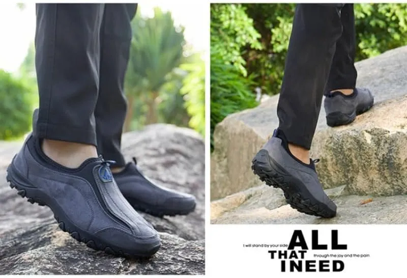 Men's Hands Free Slip On Walking Shoes Loafers Sneakers Casual Leather Comfortable Breathable Hiking Working All-Terrain Ankle Boots Trekking