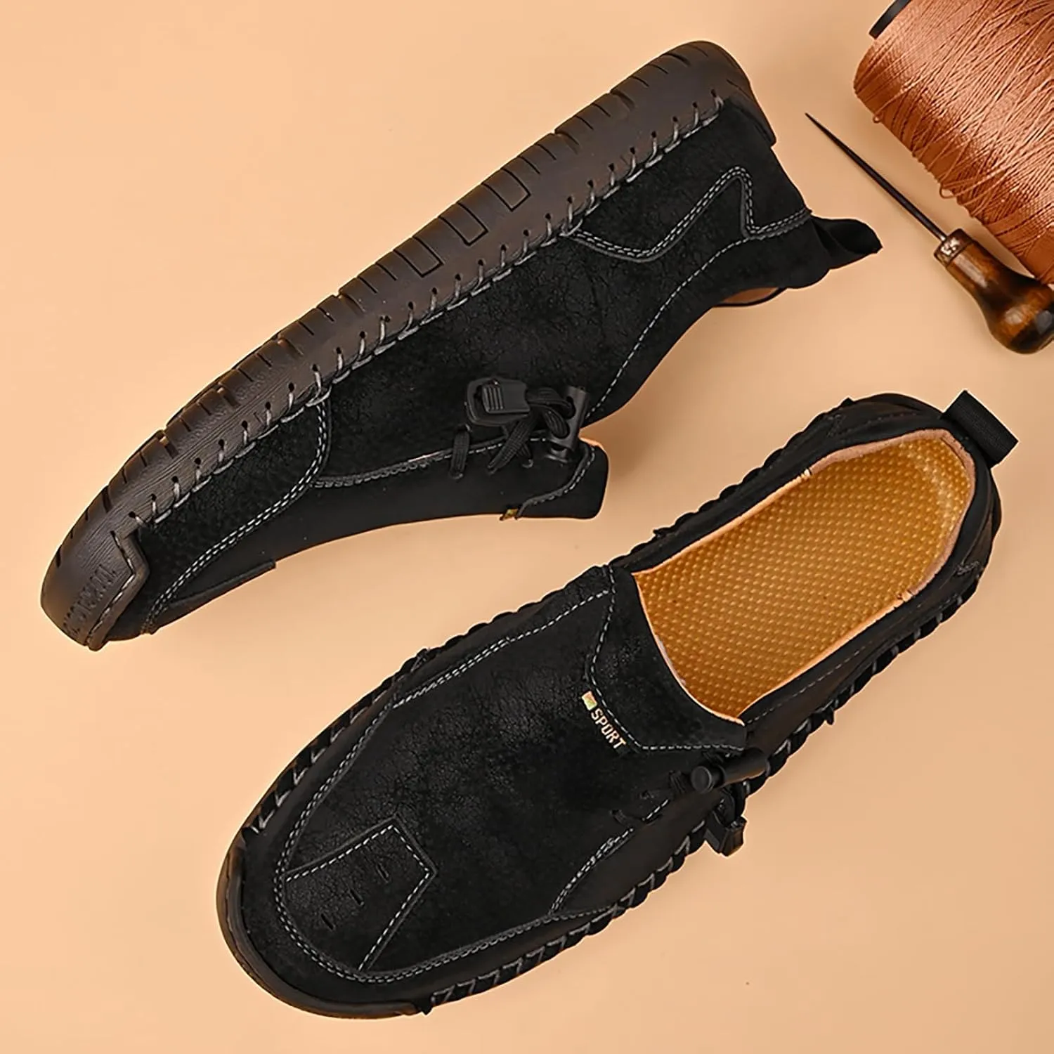 Men's Leather Hand Stitching Lace-Up Loafers Lightweight Breathable Round Toe Slip-On Flat Chukka Oxfords Driving Walking Shoes