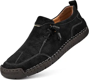 Men's Leather Hand Stitching Lace-Up Loafers Lightweight Breathable Round Toe Slip-On Flat Chukka Oxfords Driving Walking Shoes