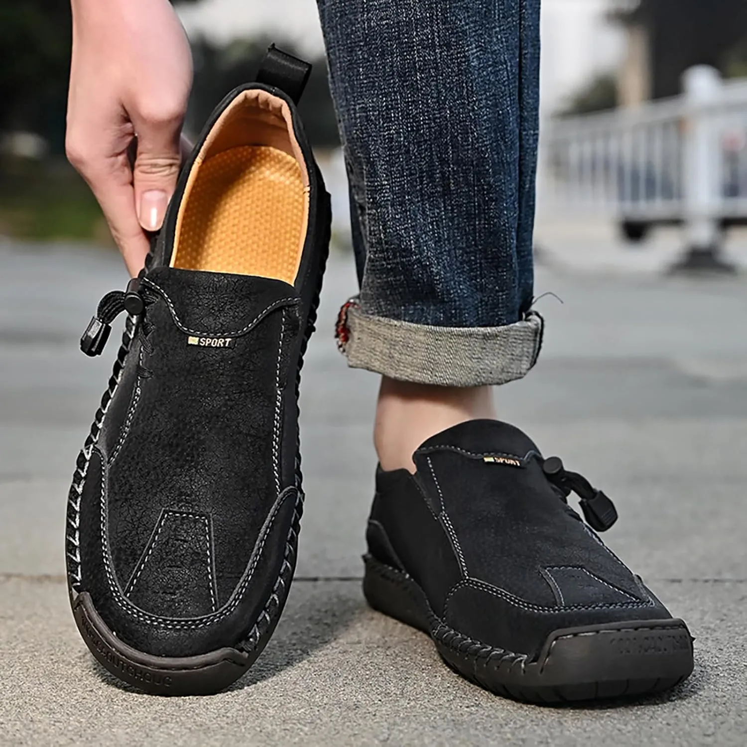 Men's Leather Hand Stitching Lace-Up Loafers Lightweight Breathable Round Toe Slip-On Flat Chukka Oxfords Driving Walking Shoes