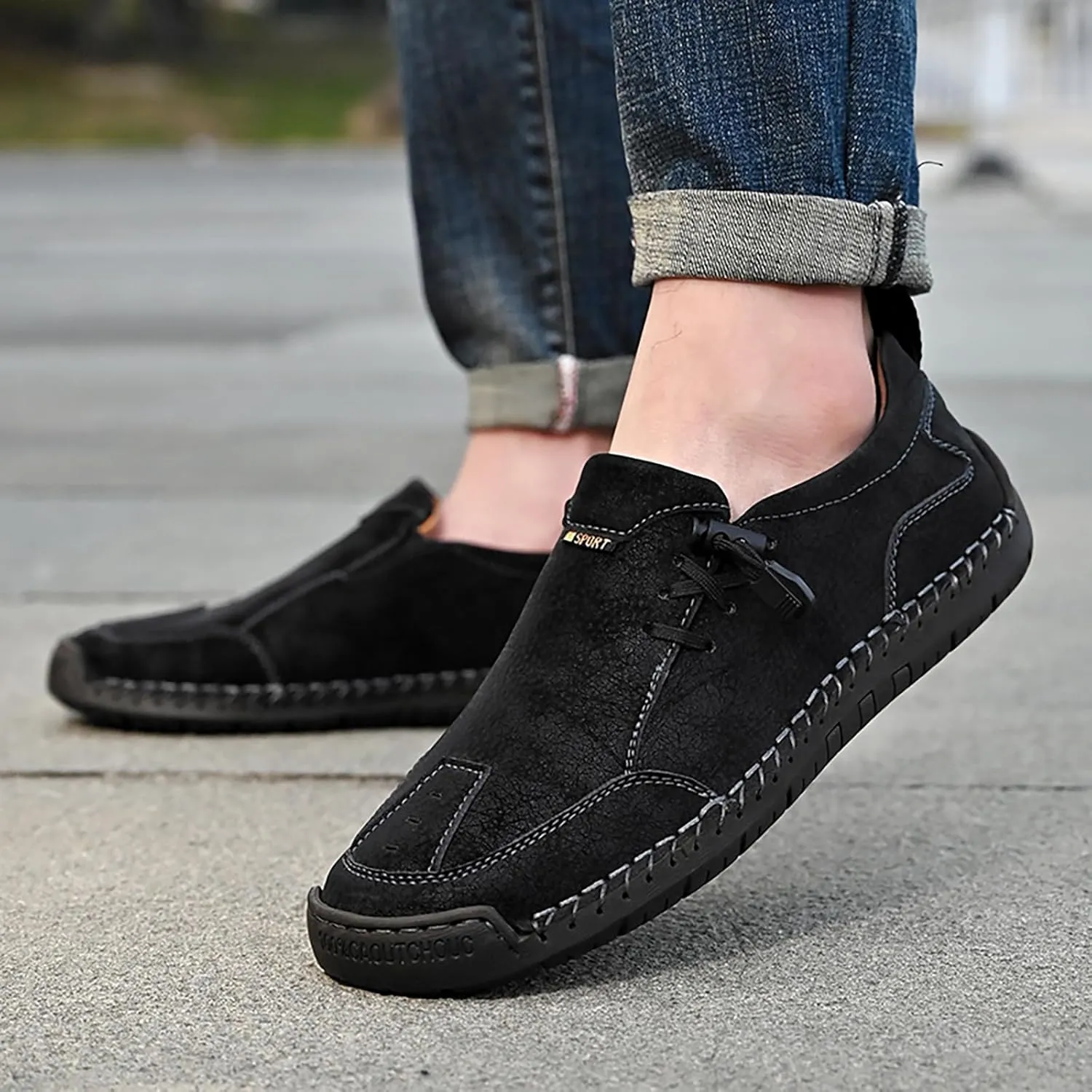 Men's Leather Hand Stitching Lace-Up Loafers Lightweight Breathable Round Toe Slip-On Flat Chukka Oxfords Driving Walking Shoes