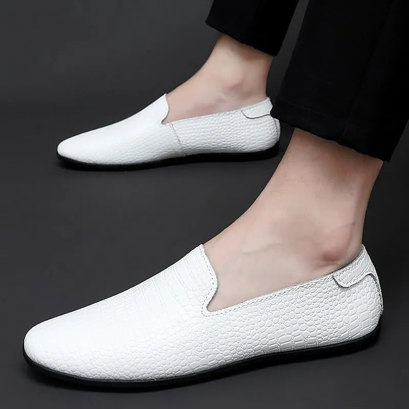 Men's Leather Loafers Round Toe PU Driving Moccasins Shoes Crocodile Print Smoking Loafers Anti-Slip Resistant Lightweight Comfortable Casual Slip-On