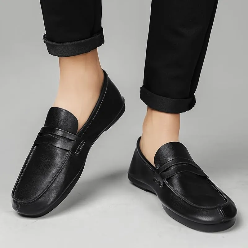 Men's Loafers Shoes Round Toe Split Toe Solid Color Leather Penny Loafers Flexible Anti-Slip Lightweight Outdoor Prom Slip-on(Black,6.5)