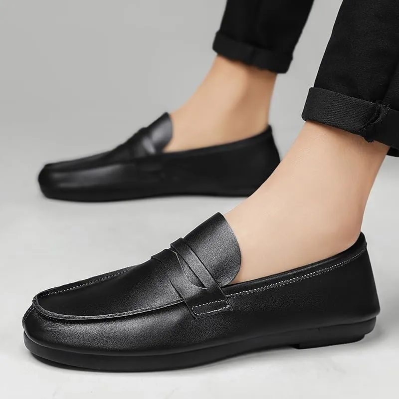 Men's Loafers Shoes Round Toe Split Toe Solid Color Leather Penny Loafers Flexible Anti-Slip Lightweight Outdoor Prom Slip-on(Black,6.5)
