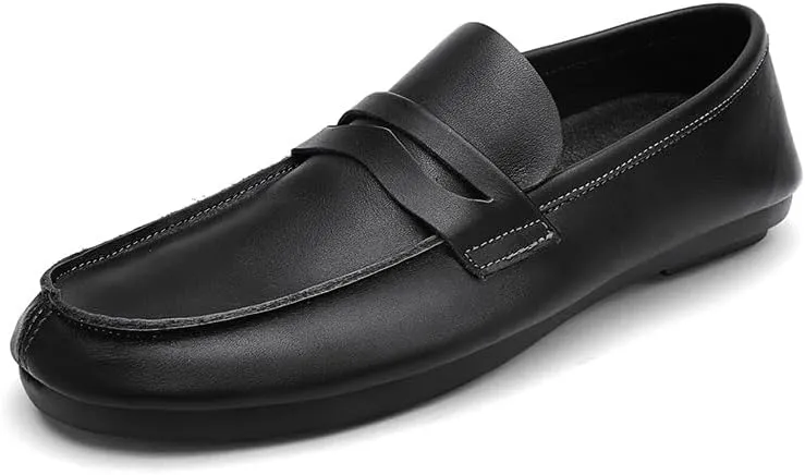 Men's Loafers Shoes Round Toe Split Toe Solid Color Leather Penny Loafers Flexible Anti-Slip Lightweight Outdoor Prom Slip-on(Black,6.5)