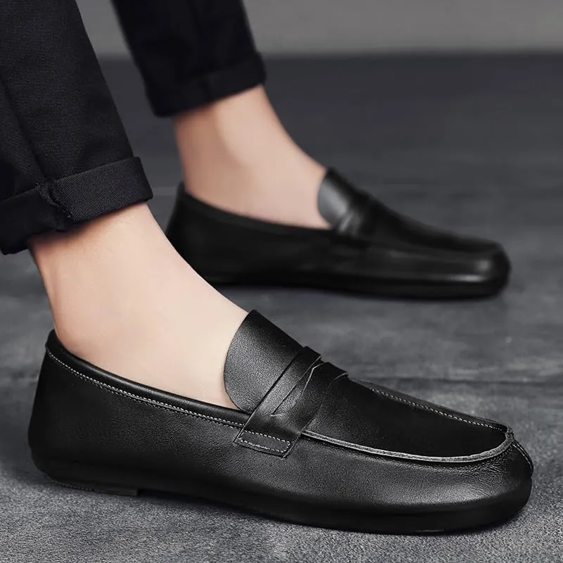 Men's Loafers Shoes Round Toe Split Toe Solid Color Leather Penny Loafers Flexible Anti-Slip Lightweight Outdoor Prom Slip-on(Black,6.5)