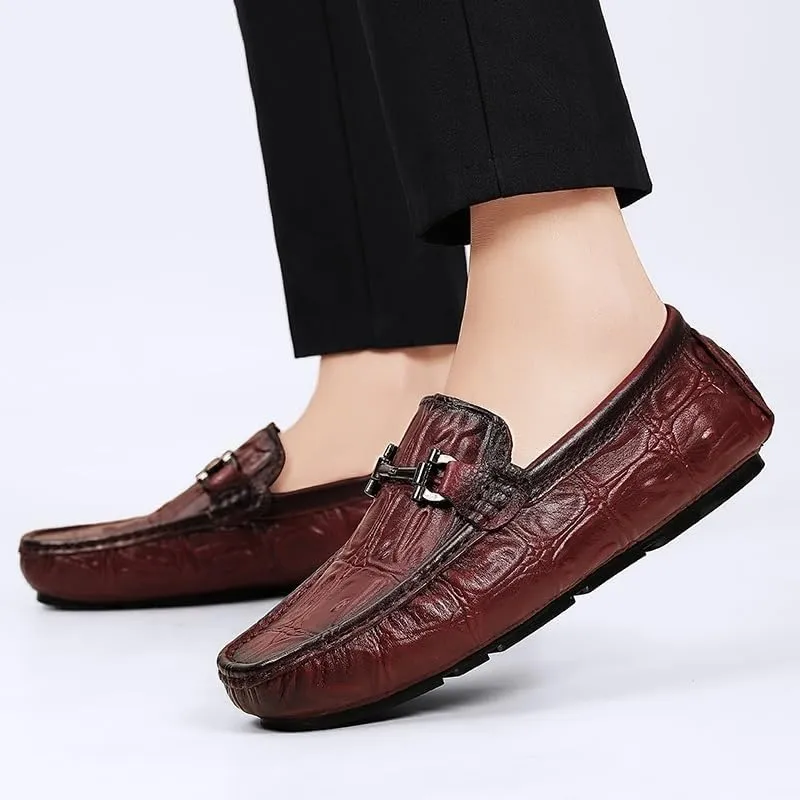 Men's Loafers - Solid Color Leather with Crocodile Print, Comfortable Driving Style, Flexible Slip-Ons with Flat Heel for Casual and Party Wear