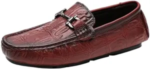 Men's Loafers - Solid Color Leather with Crocodile Print, Comfortable Driving Style, Flexible Slip-Ons with Flat Heel for Casual and Party Wear
