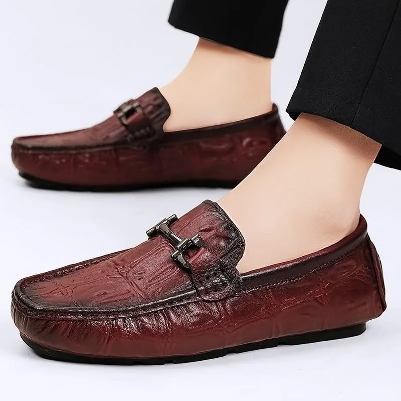 Men's Loafers - Solid Color Leather with Crocodile Print, Comfortable Driving Style, Flexible Slip-Ons with Flat Heel for Casual and Party Wear