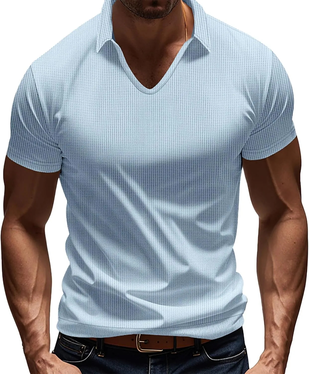 Mens Muscle Polo Shirt Casual V Neck Short Sleeve Ribbed Hollow Out Knit Tees Mesh Breathable Comfy Beach Waffle Tops