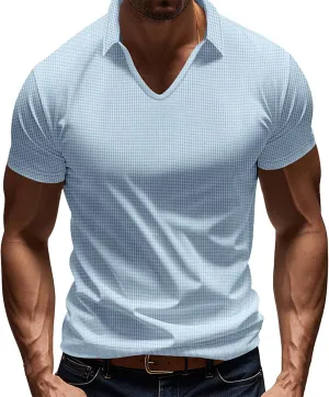 Mens Muscle Polo Shirt Casual V Neck Short Sleeve Ribbed Hollow Out Knit Tees Mesh Breathable Comfy Beach Waffle Tops