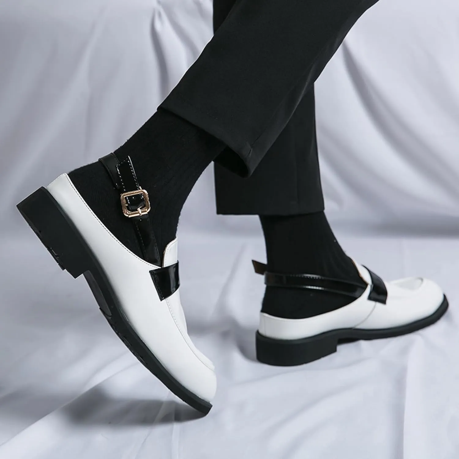 Men's Patent Leather Backless Dress Mules Fashion Bright Surface Ankle Strap Slip On Soft Bottom Penny Loafers Indoor Outdoor Banquet Party Casual Smoking Shoes