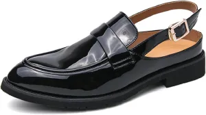 Men's Patent Leather Backless Dress Mules Fashion Bright Surface Ankle Strap Slip On Soft Bottom Penny Loafers Indoor Outdoor Banquet Party Casual Smoking Shoes