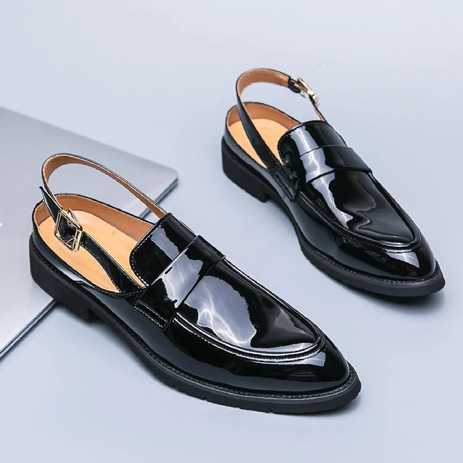 Men's Patent Leather Backless Dress Mules Fashion Bright Surface Ankle Strap Slip On Soft Bottom Penny Loafers Indoor Outdoor Banquet Party Casual Smoking Shoes