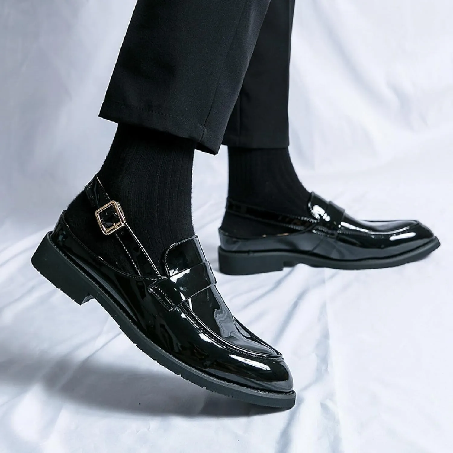 Men's Patent Leather Backless Dress Mules Fashion Bright Surface Ankle Strap Slip On Soft Bottom Penny Loafers Indoor Outdoor Banquet Party Casual Smoking Shoes