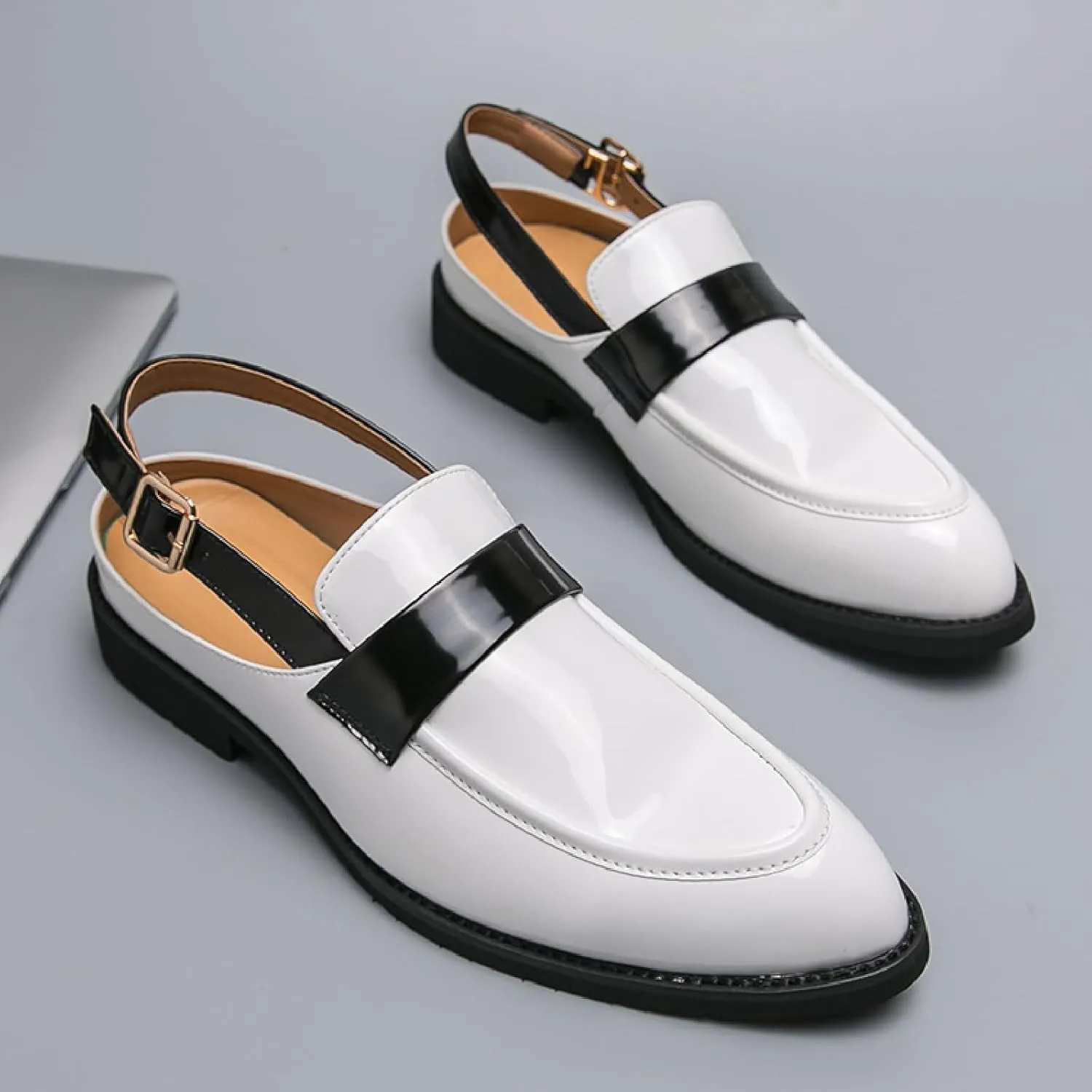 Men's Patent Leather Backless Dress Mules Fashion Bright Surface Ankle Strap Slip On Soft Bottom Penny Loafers Indoor Outdoor Banquet Party Casual Smoking Shoes