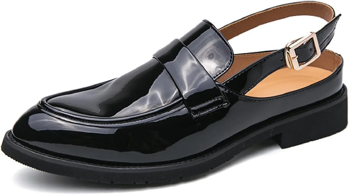 Men's Patent Leather Backless Dress Mules Fashion Bright Surface Ankle Strap Slip On Soft Bottom Penny Loafers Indoor Outdoor Banquet Party Casual Smoking Shoes