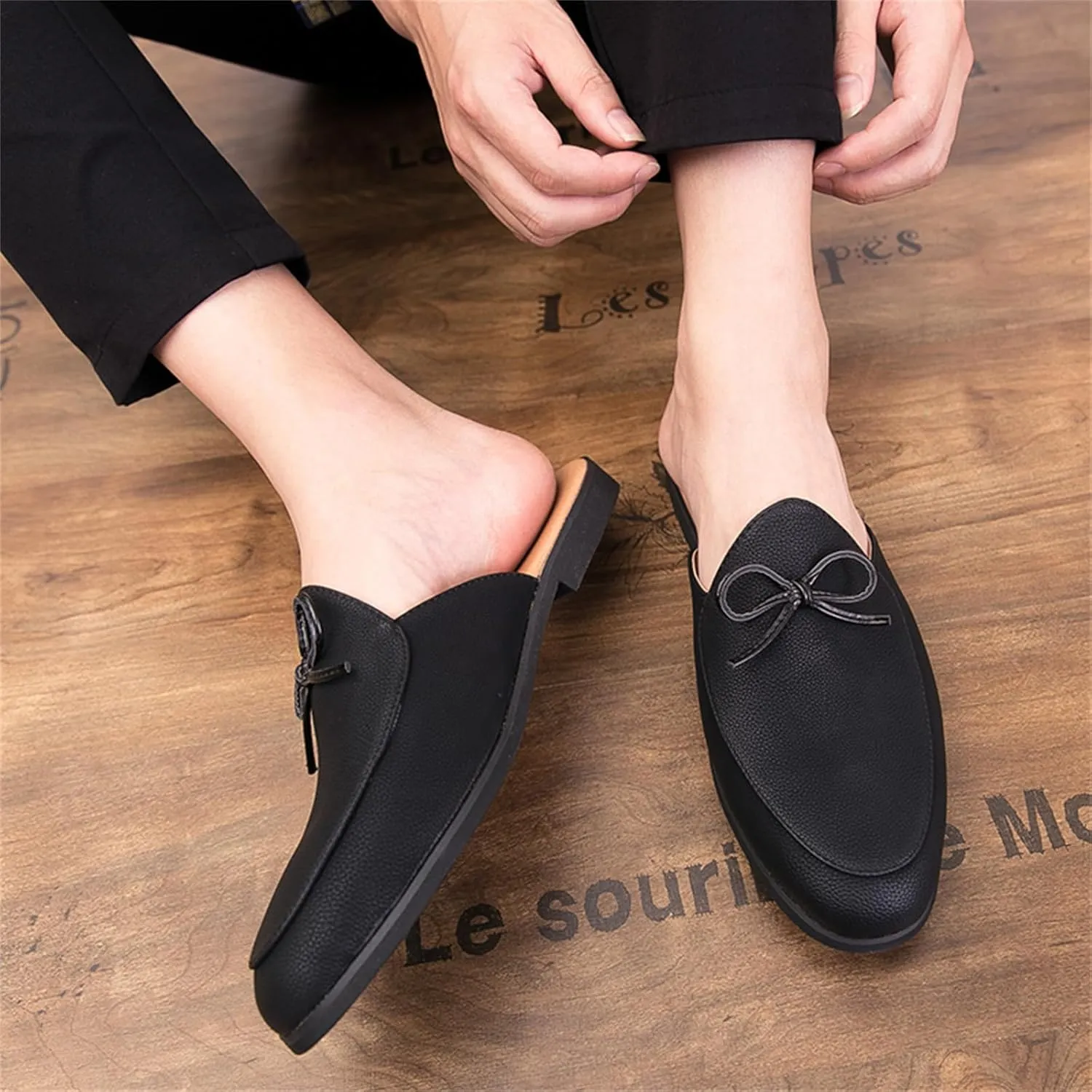 Men's Retro Suede Leather Slip-On Dress Mules Slippers Loafers Summer Flats Formal Backless Loafers Work Slides Casual Open Back Sandals