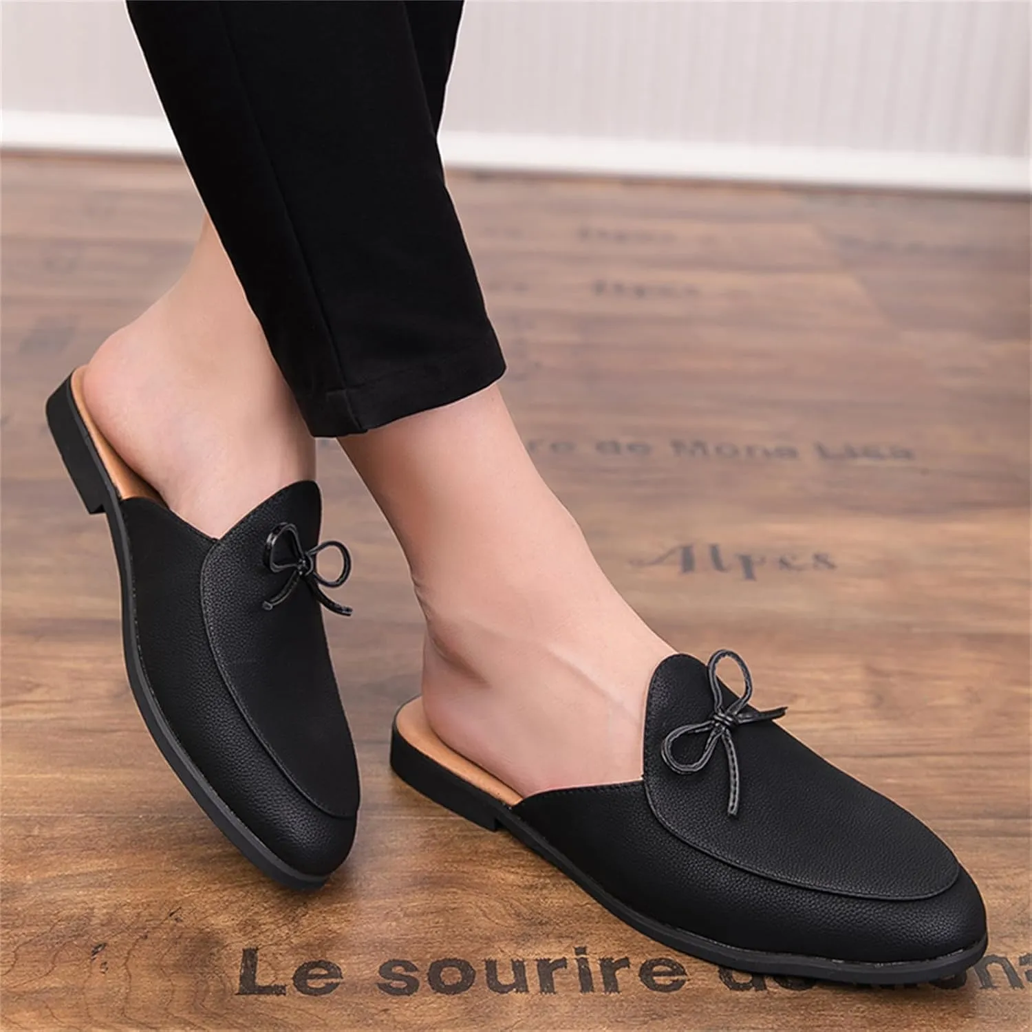 Men's Retro Suede Leather Slip-On Dress Mules Slippers Loafers Summer Flats Formal Backless Loafers Work Slides Casual Open Back Sandals
