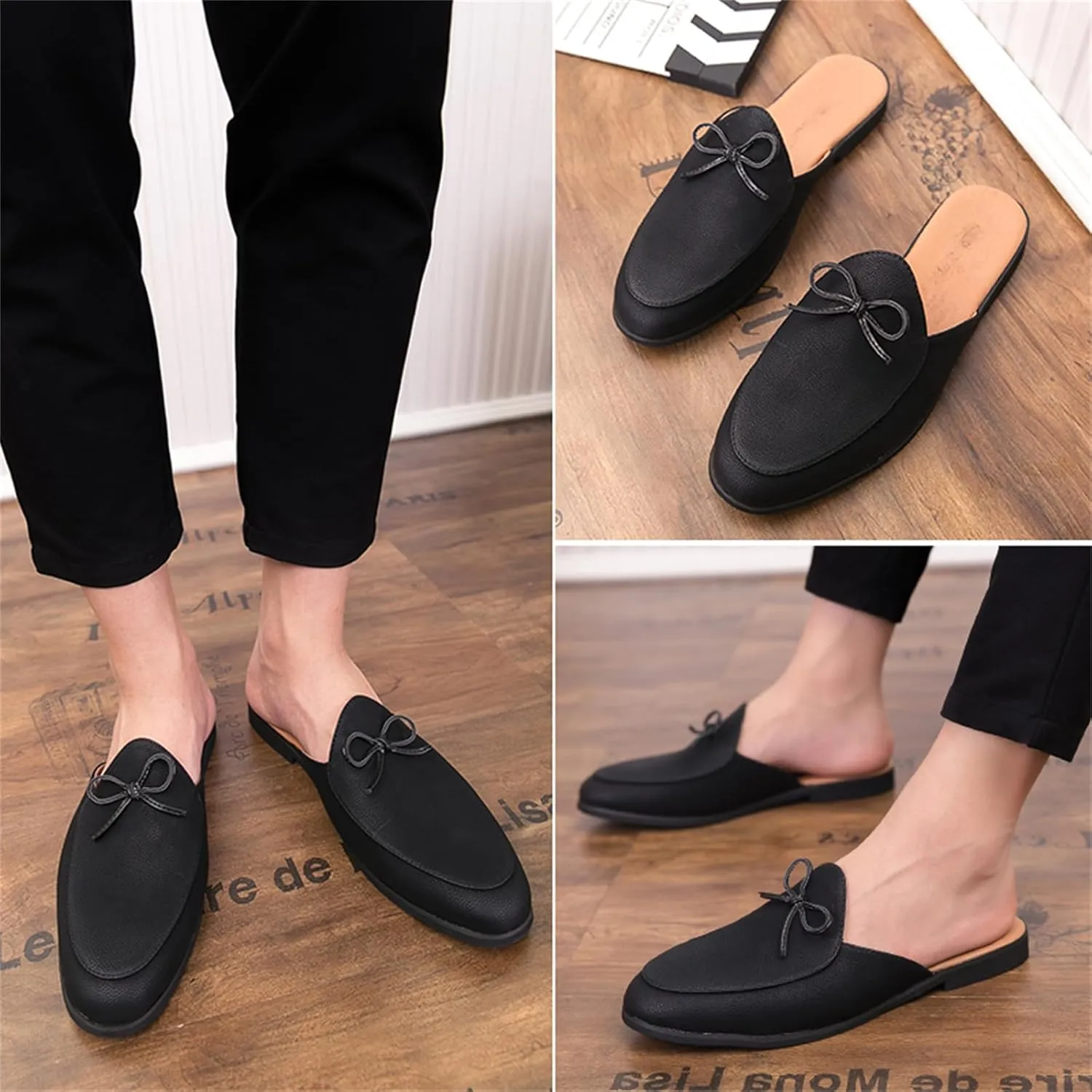 Men's Retro Suede Leather Slip-On Dress Mules Slippers Loafers Summer Flats Formal Backless Loafers Work Slides Casual Open Back Sandals