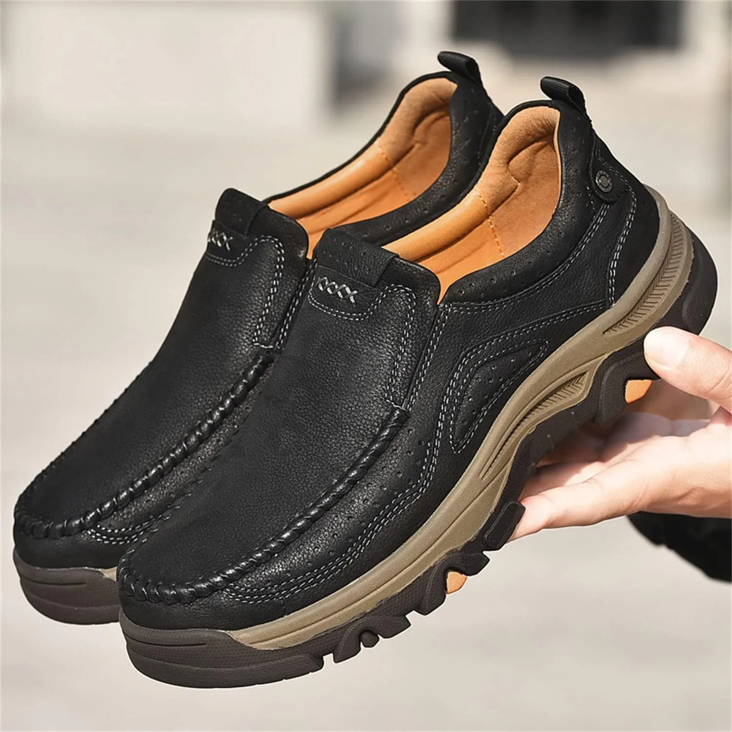 Mens Slip On Casual Loafers Classic Outdoor Leather Walking Hiking Shoes Comfortable for Work Office Dress Outdoor