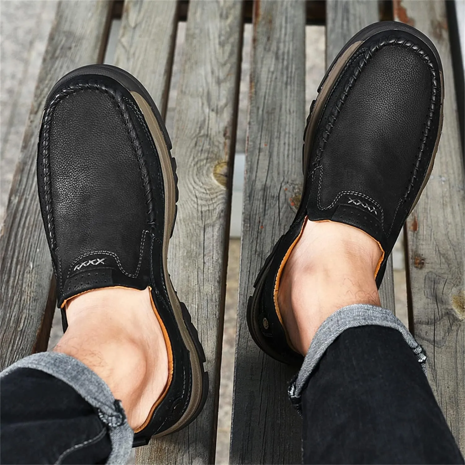 Mens Slip On Casual Loafers Classic Outdoor Leather Walking Hiking Shoes Comfortable for Work Office Dress Outdoor