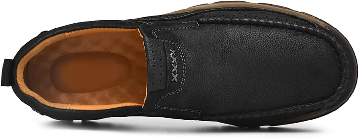 Mens Slip On Casual Loafers Classic Outdoor Leather Walking Hiking Shoes Comfortable for Work Office Dress Outdoor
