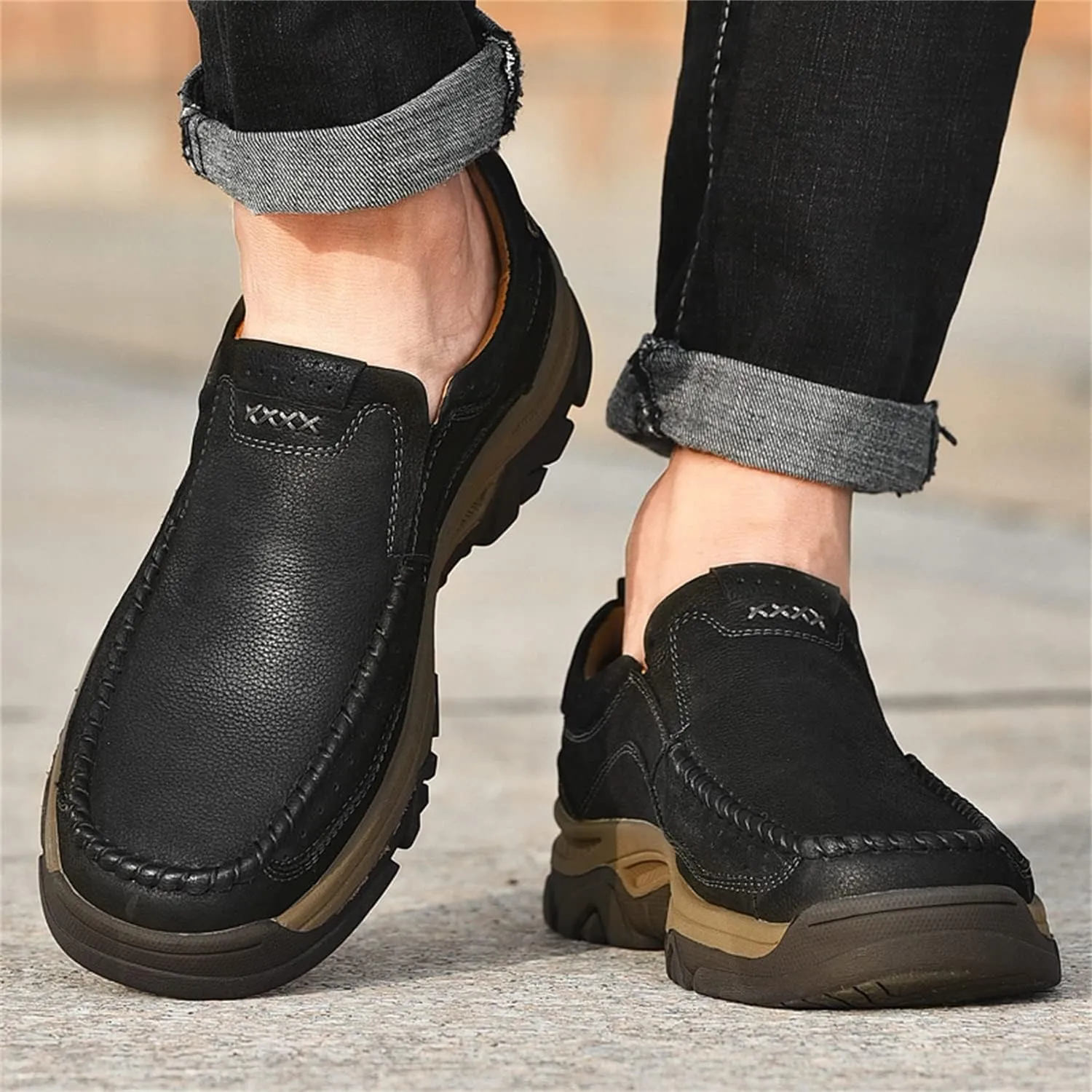 Mens Slip On Casual Loafers Classic Outdoor Leather Walking Hiking Shoes Comfortable for Work Office Dress Outdoor