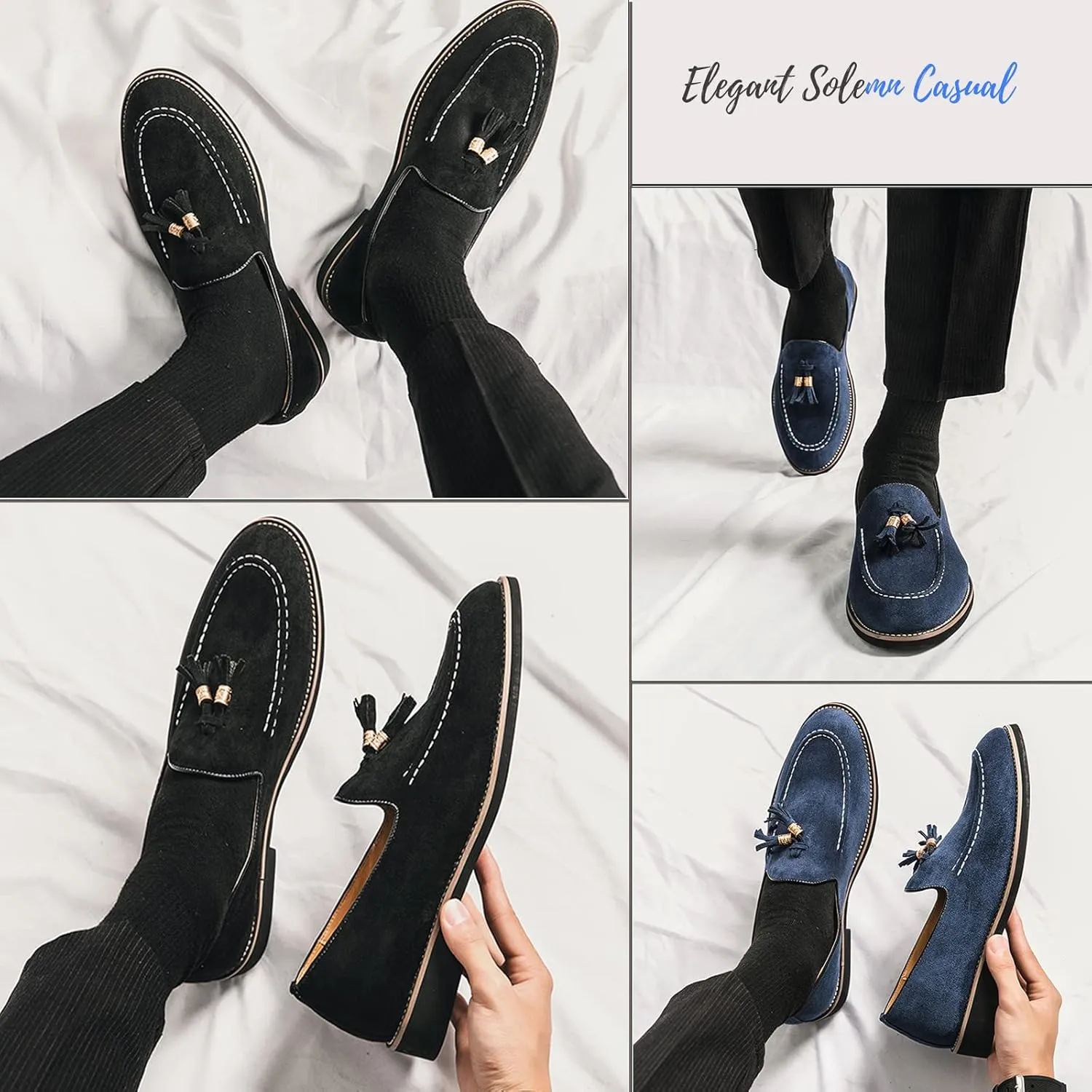 Men's Suede Tassel Slip On Oxford Loafers,Fashionable Business Formal Low Heel Loafers,Hand Stitched Walking Driving Penny Shoes