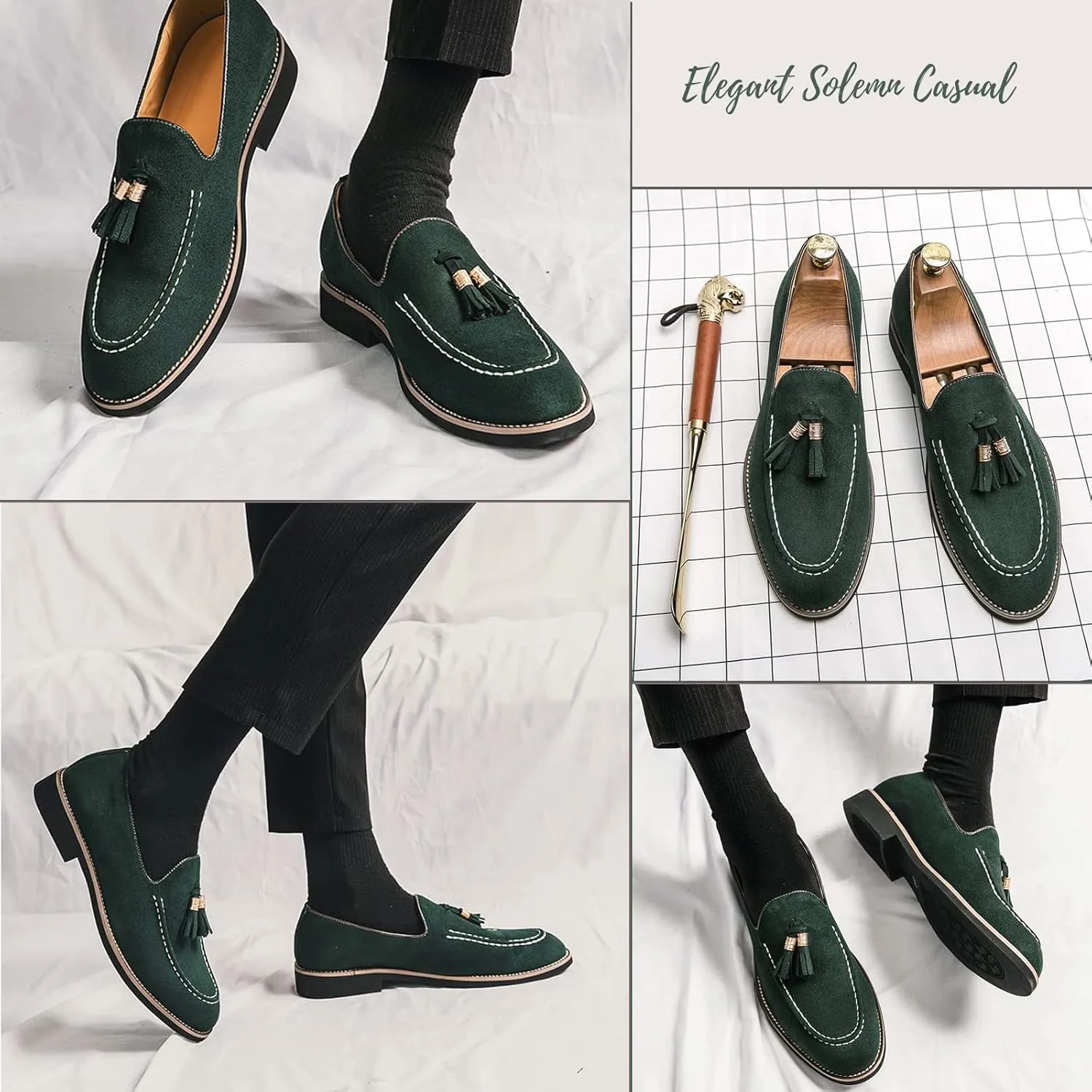 Men's Suede Tassel Slip On Oxford Loafers,Fashionable Business Formal Low Heel Loafers,Hand Stitched Walking Driving Penny Shoes