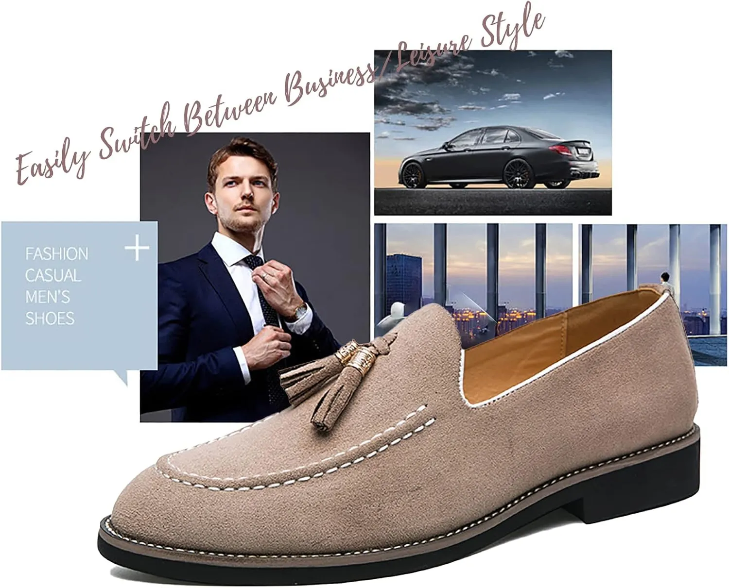 Men's Suede Tassel Slip On Oxford Loafers,Fashionable Business Formal Low Heel Loafers,Hand Stitched Walking Driving Penny Shoes