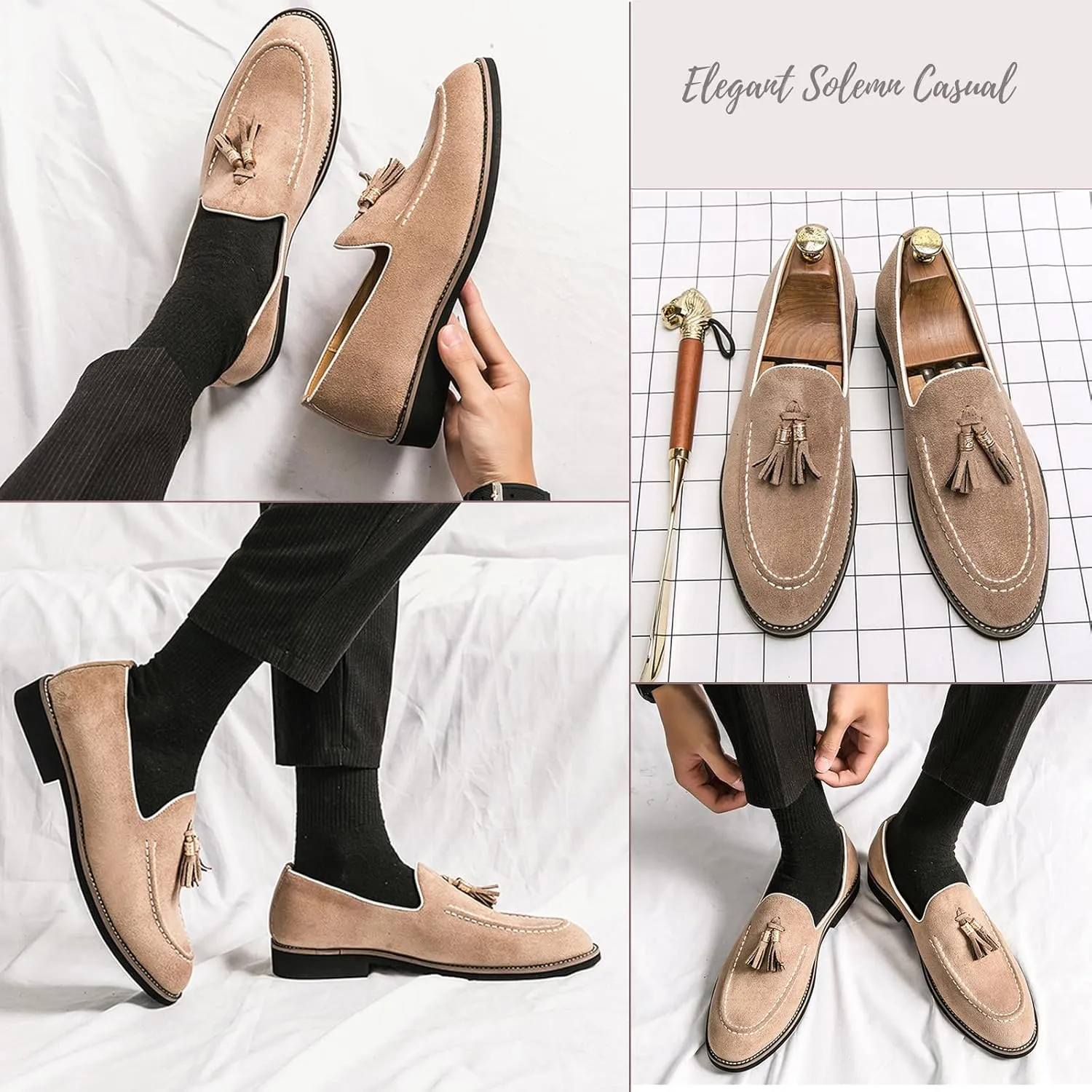 Men's Suede Tassel Slip On Oxford Loafers,Fashionable Business Formal Low Heel Loafers,Hand Stitched Walking Driving Penny Shoes