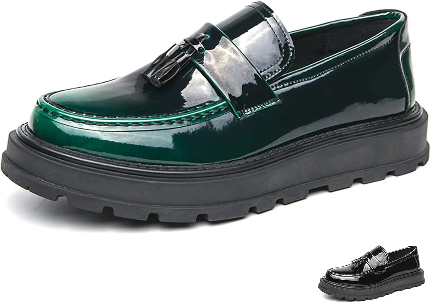 Men's Tassel Platform Loafers Slip-On Dress Shoes Casual Non-Slip Chunky Heel Business Shoes for Office Party Penny Loafers