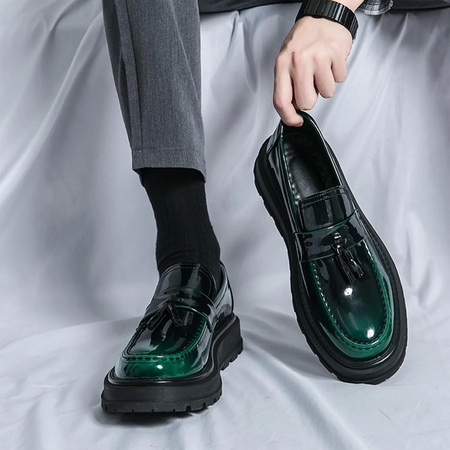 Men's Tassel Platform Loafers Slip-On Dress Shoes Casual Non-Slip Chunky Heel Business Shoes for Office Party Penny Loafers