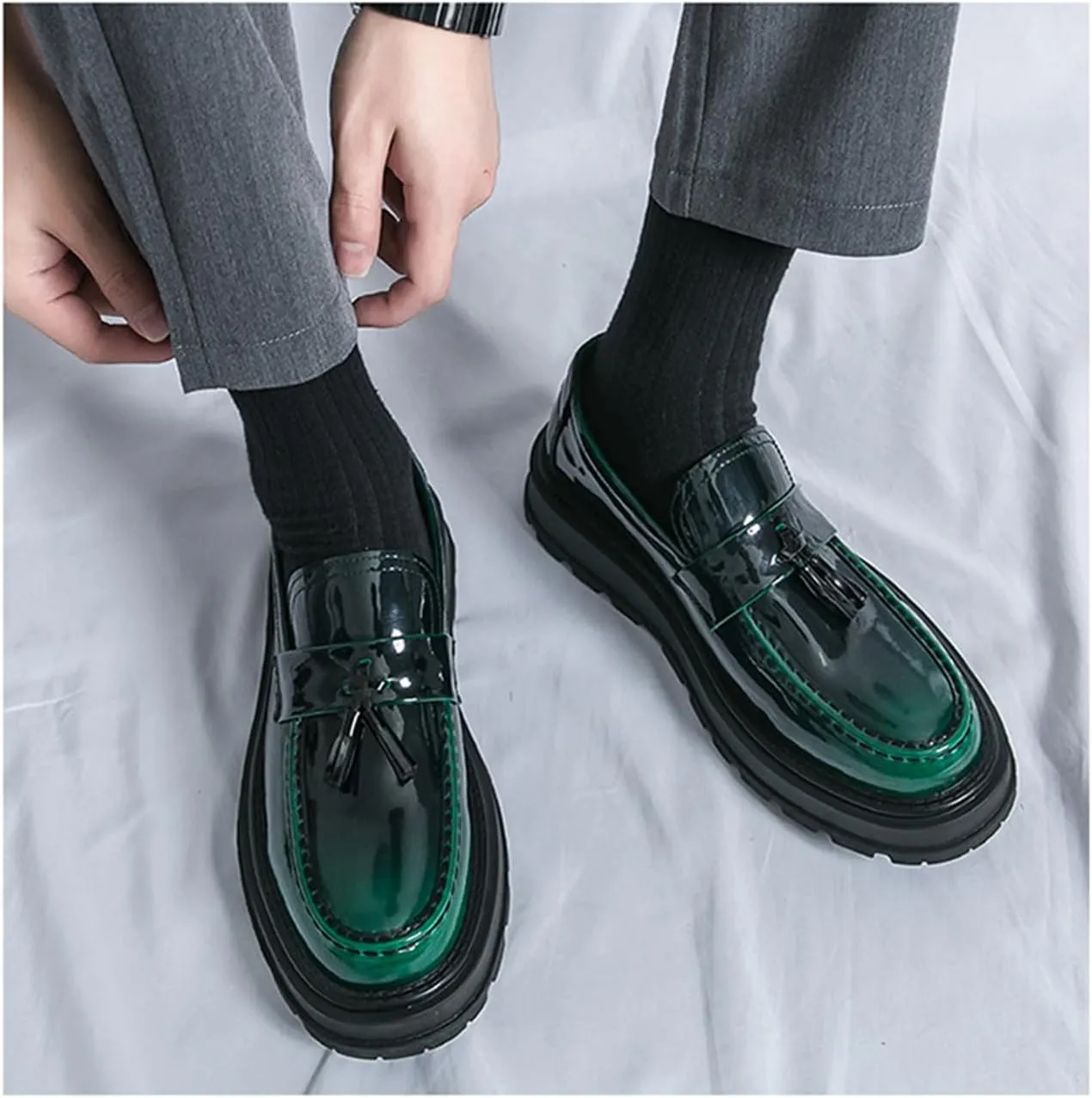 Men's Tassel Platform Loafers Slip-On Dress Shoes Casual Non-Slip Chunky Heel Business Shoes for Office Party Penny Loafers