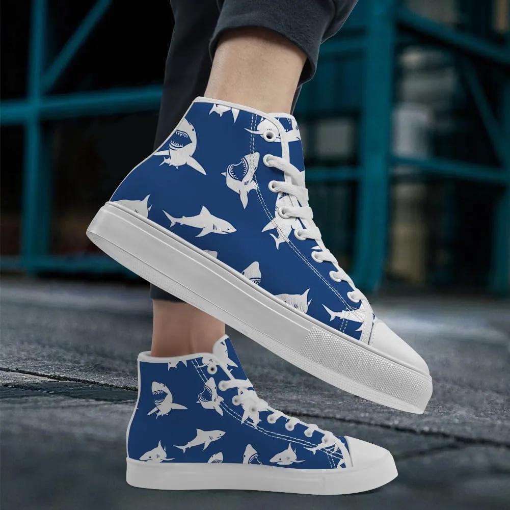 Men's Women's Shark Shoes High Top Canvas Sneakers Lace Up Casual Walking Shoes