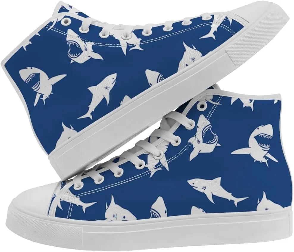 Men's Women's Shark Shoes High Top Canvas Sneakers Lace Up Casual Walking Shoes