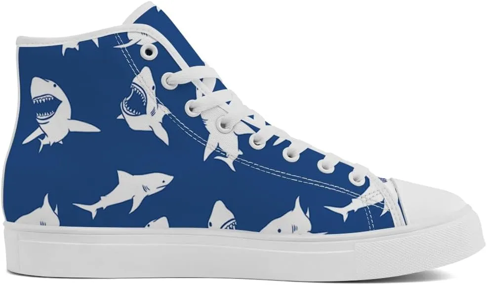 Men's Women's Shark Shoes High Top Canvas Sneakers Lace Up Casual Walking Shoes