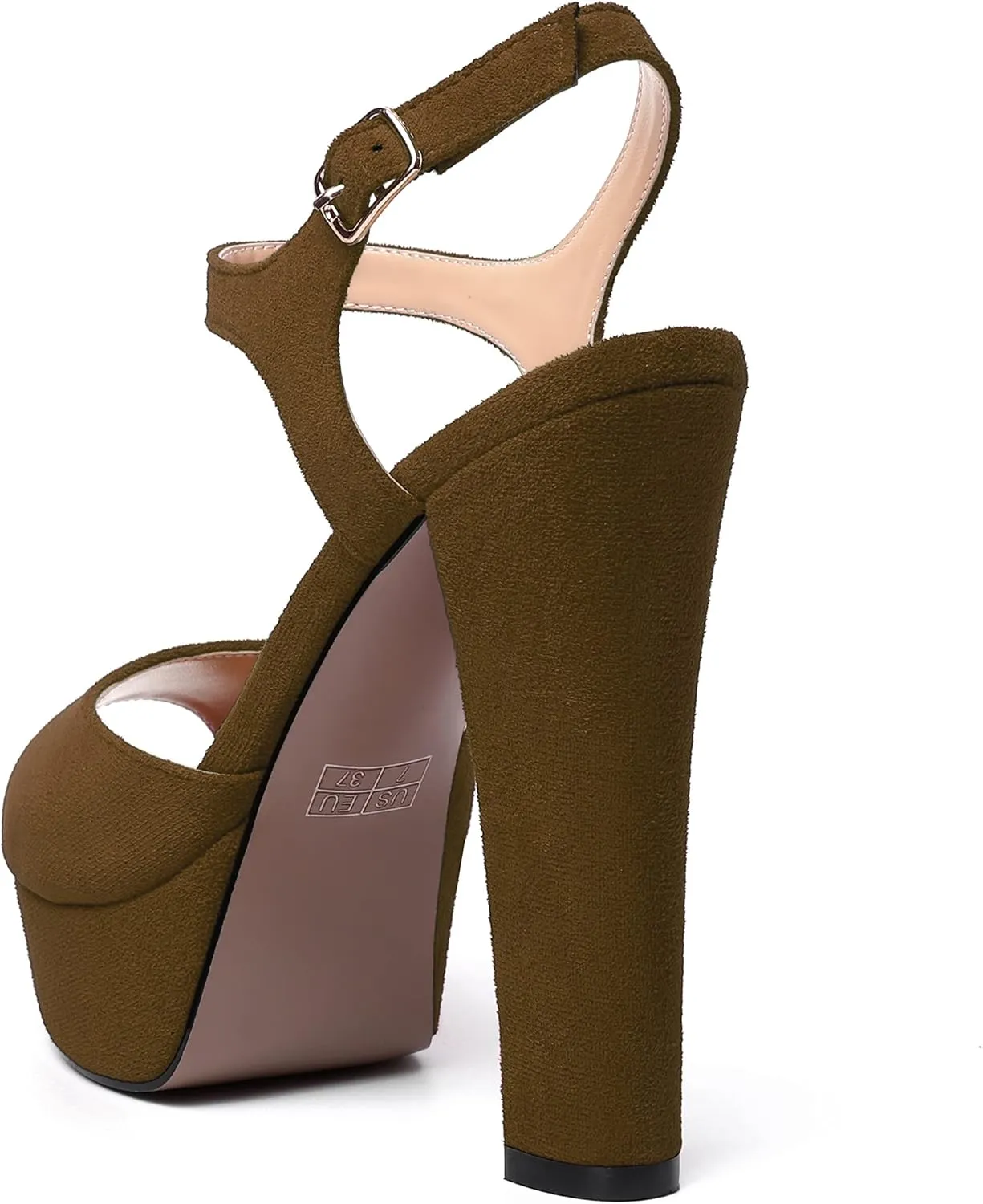MERRORI Womens Ankle Strap Platform Fashion Party Solid Peep Toe Buckle Matte Chunky High Heel Sandals 5 Inch
