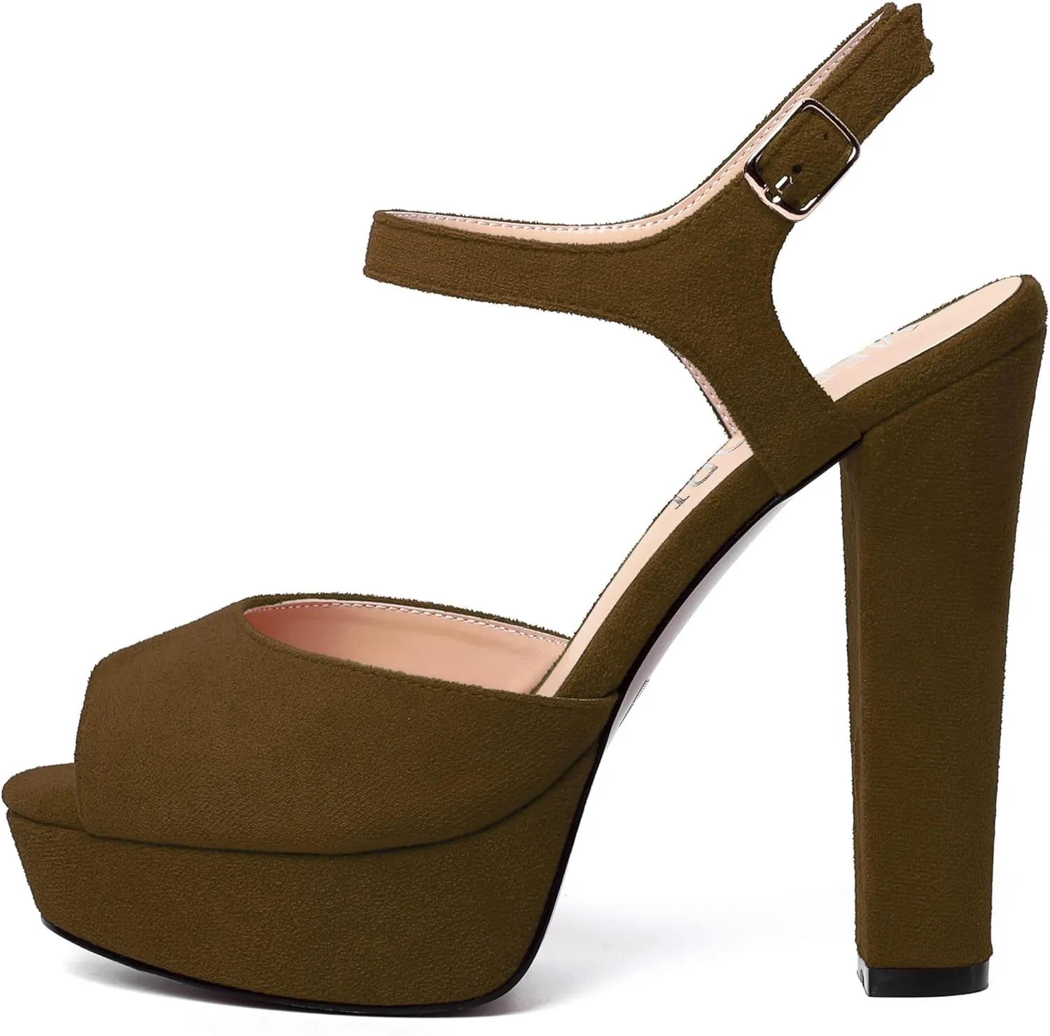 MERRORI Womens Ankle Strap Platform Fashion Party Solid Peep Toe Buckle Matte Chunky High Heel Sandals 5 Inch