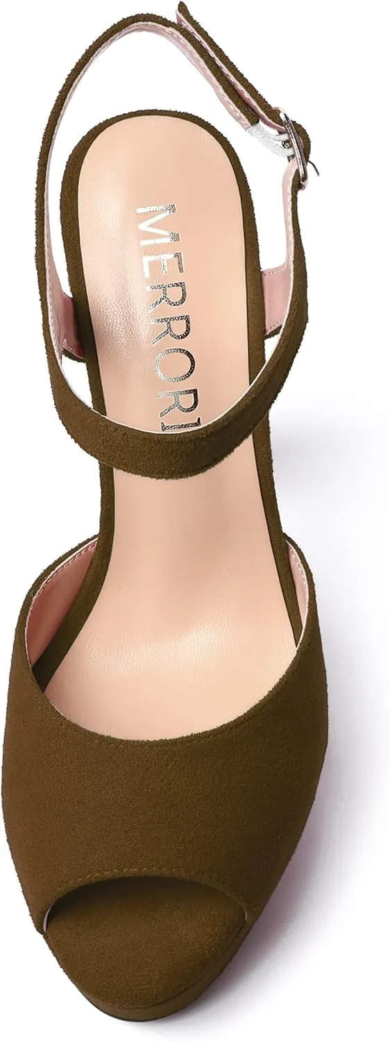 MERRORI Womens Ankle Strap Platform Fashion Party Solid Peep Toe Buckle Matte Chunky High Heel Sandals 5 Inch