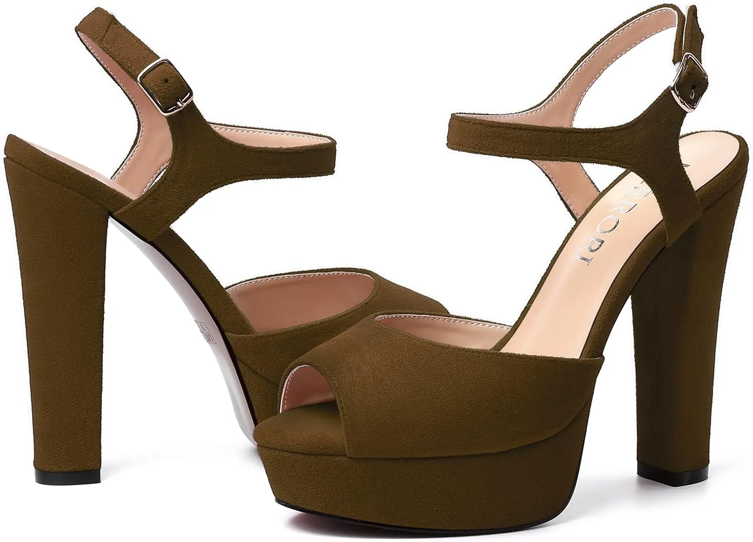 MERRORI Womens Ankle Strap Platform Fashion Party Solid Peep Toe Buckle Matte Chunky High Heel Sandals 5 Inch