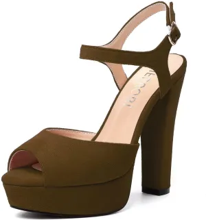 MERRORI Womens Ankle Strap Platform Fashion Party Solid Peep Toe Buckle Matte Chunky High Heel Sandals 5 Inch