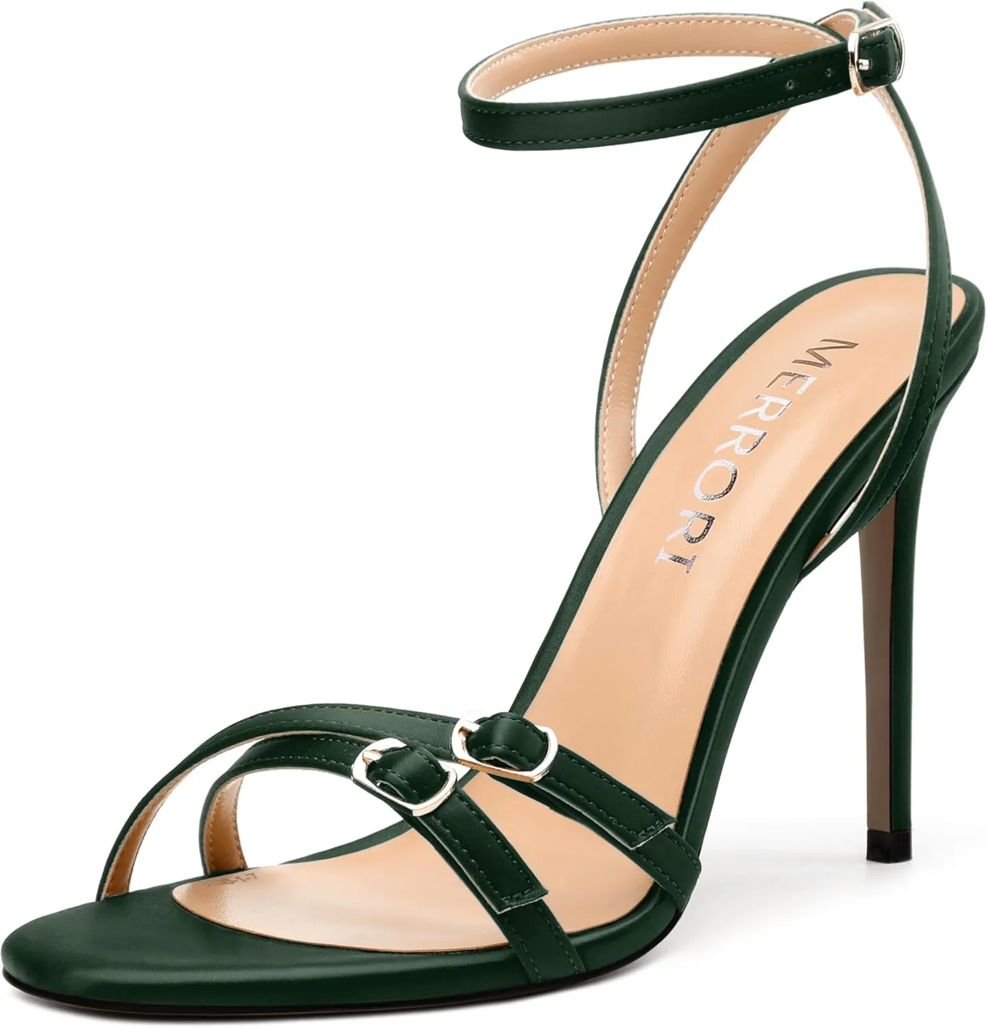 MERRORI Women's High Stiletto Slingback Buckle Heels Open Round Toe Ankle Strap Sexy Comfortable Satin Sandals Wedding Bridal Evening Prom Party Dress Shoes